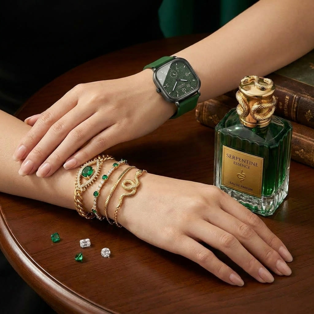 Hands wearing gold bracelets with a green Serpentine Parfums bottle on a wooden surface.