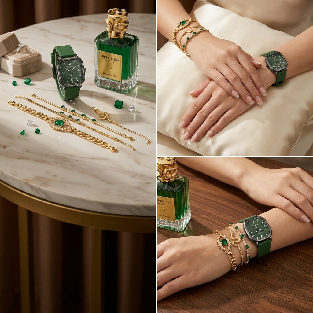 Collage of green watch, perfume bottle, and jewelry on a marble table.