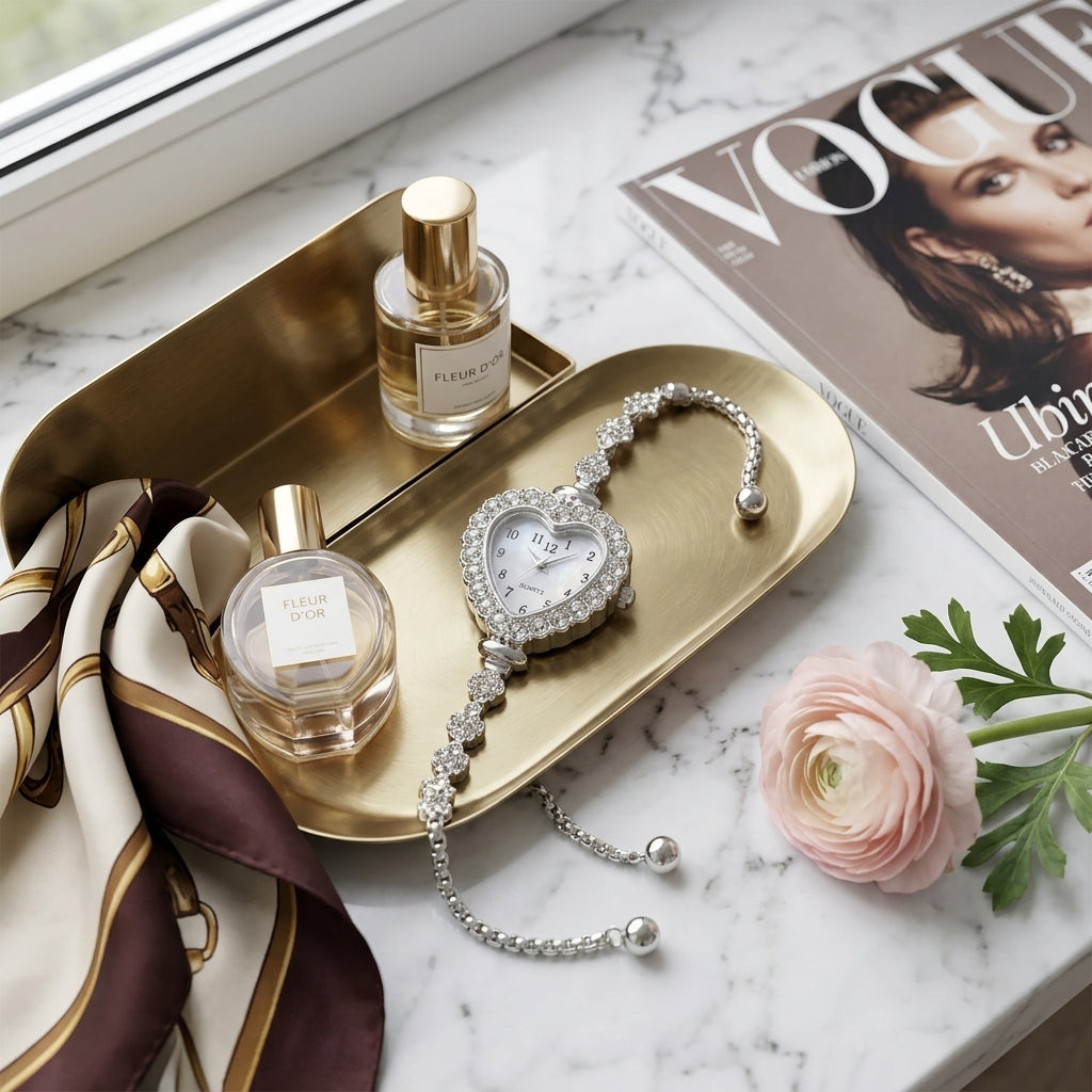 Perfume bottles, a heart-shaped watch, and a pink flower on a marble surface with a Vogue magazine.
