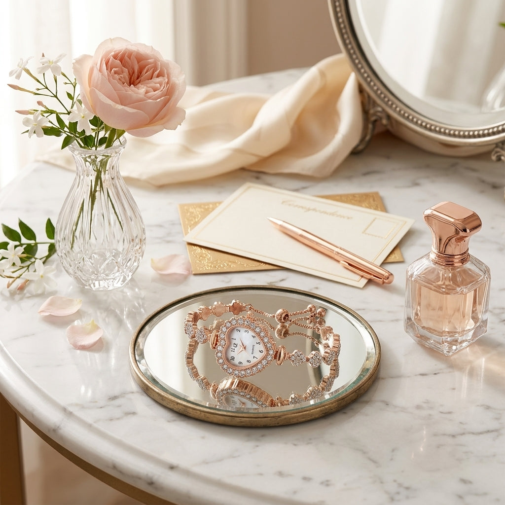 Rose gold jewelry on a mirror tray with flowers and perfume bottle on marble surface