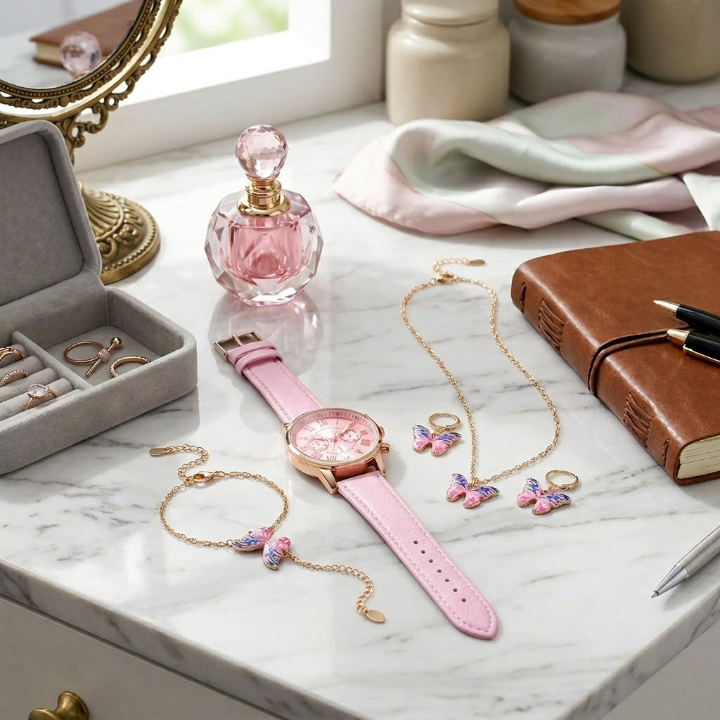 Pink watch, perfume bottle, jewelry, and notebook on a marble surface.