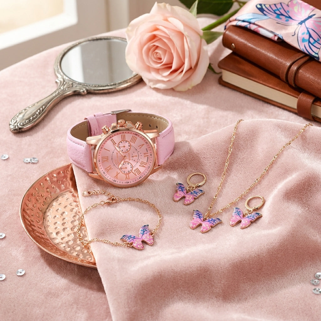 Pink watch, necklace, and earrings on a pink surface with a rose and mirror.