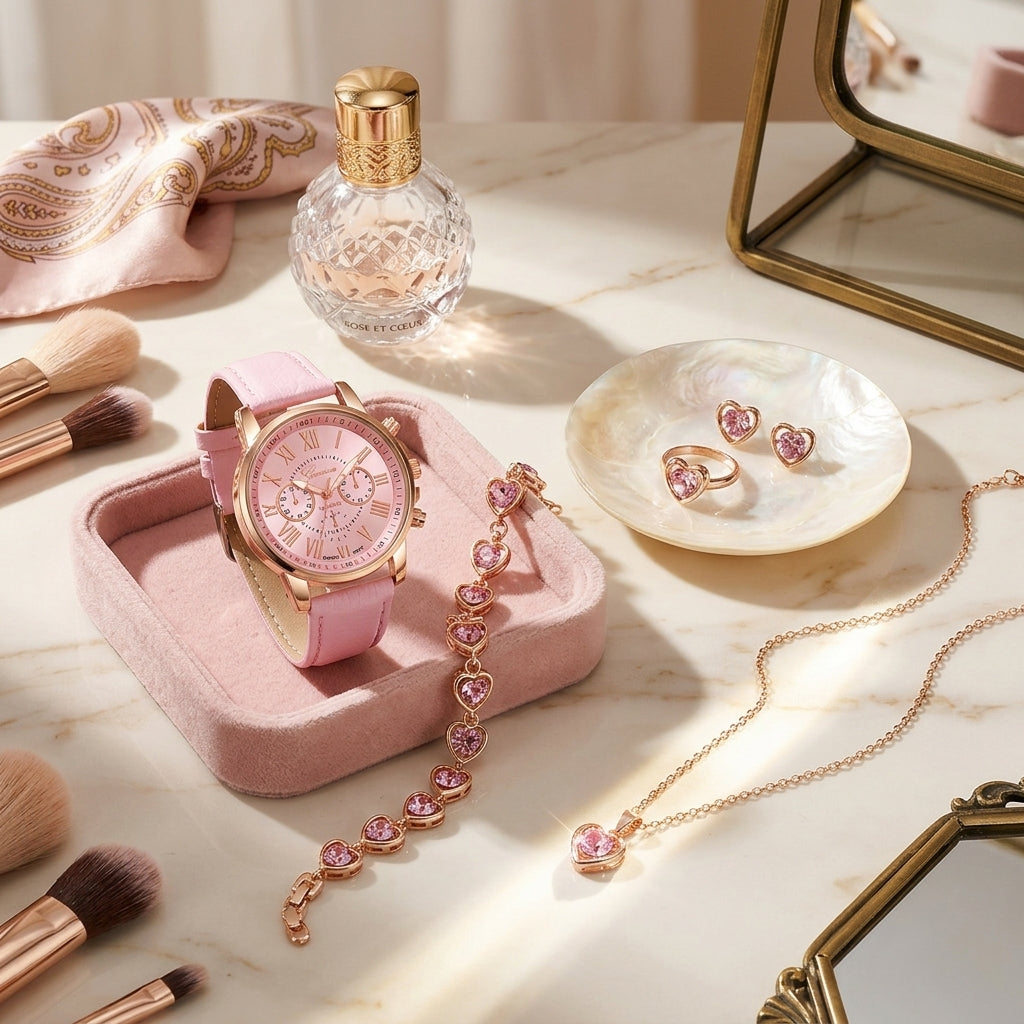 Pink watch, jewelry, and perfume on a marble surface