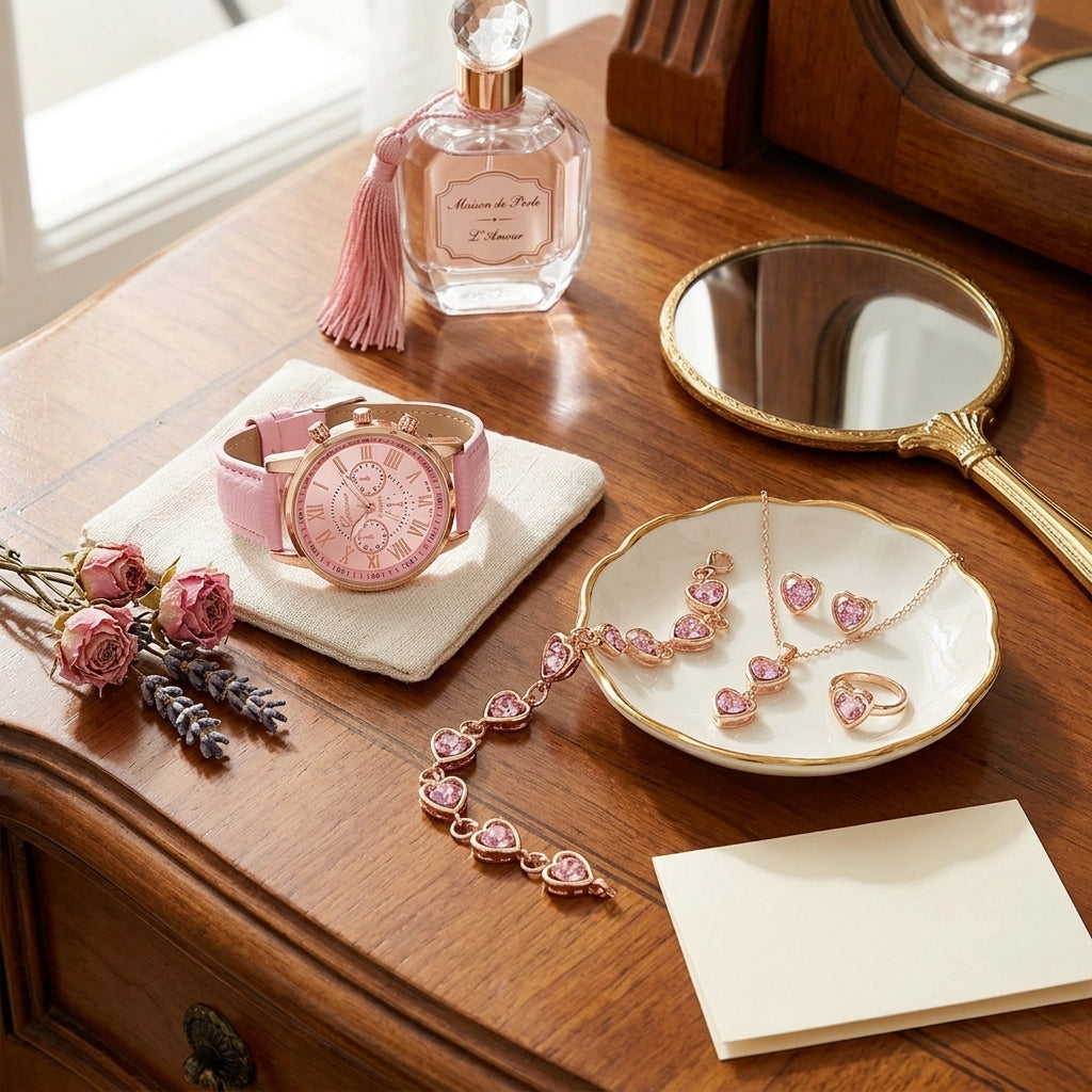 Pink watch, bracelet, and jewelry on a wooden surface with a mirror and flowers.