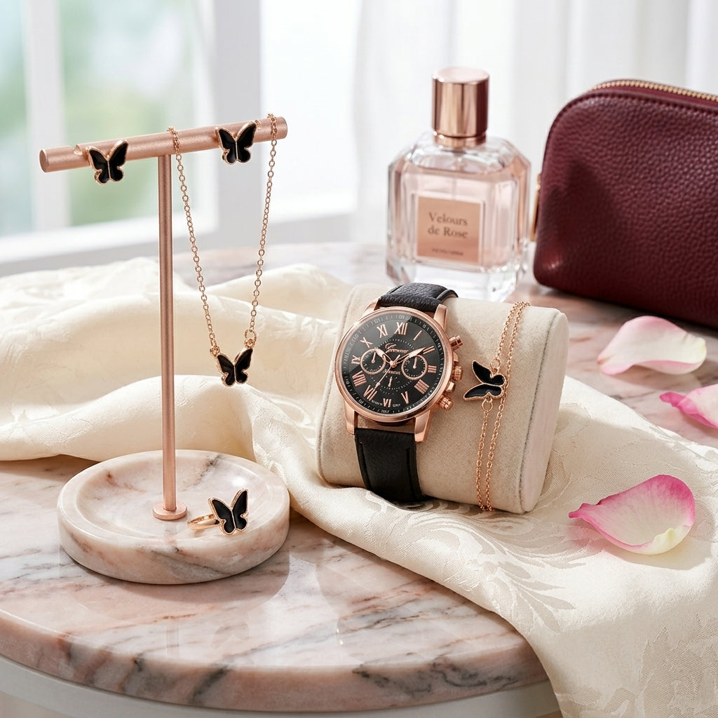 Velora Luxe Heart Watch and Bracelet Set Romantic Gold Silver