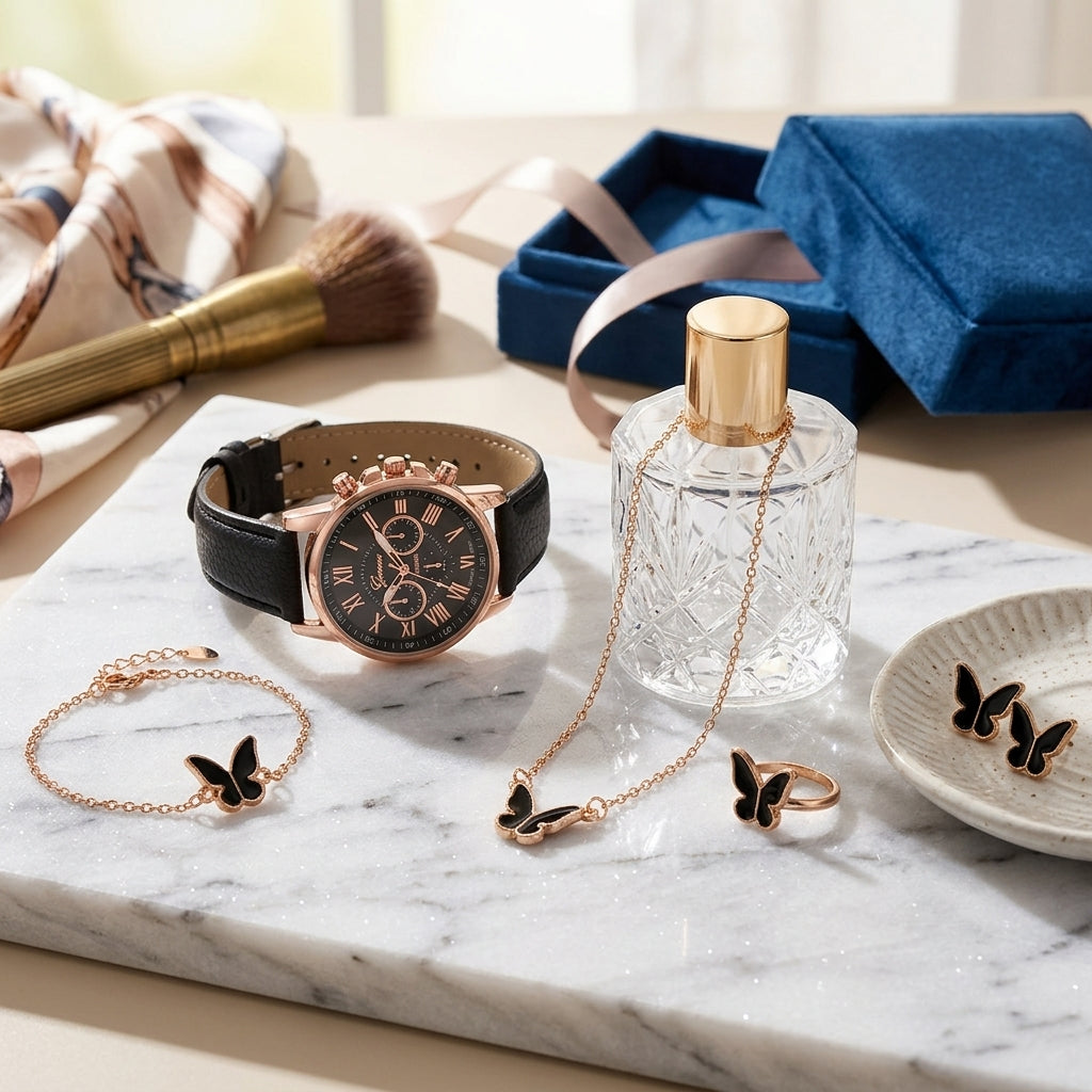 Velora Luxe Heart Watch and Bracelet Set Romantic Gold Silver