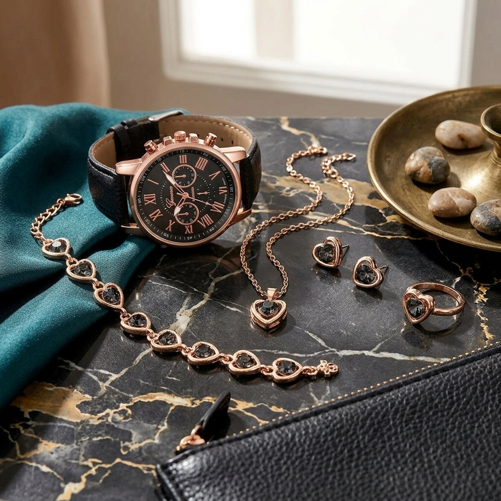 Velora Luxe Heart Watch and Bracelet Set Romantic Gold Silver