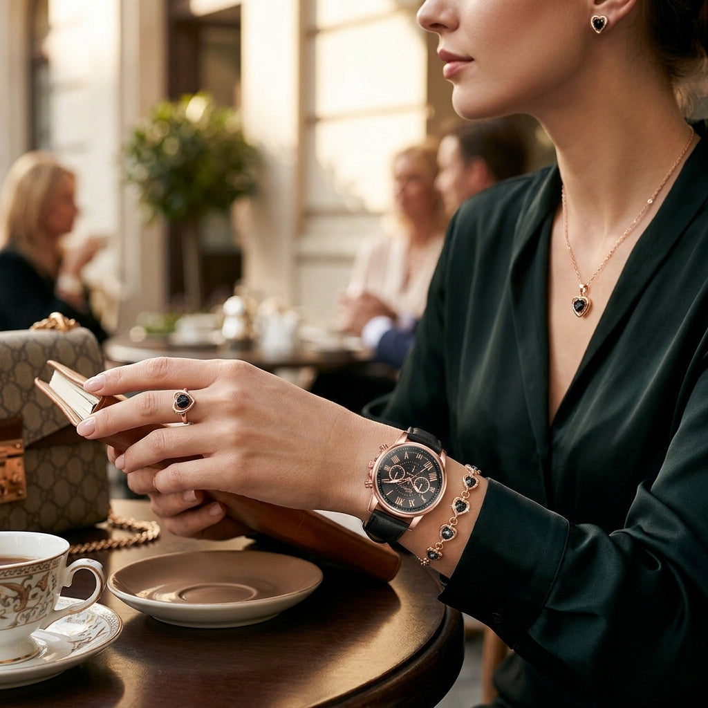 Velora Luxe Heart Watch and Bracelet Set Romantic Gold Silver