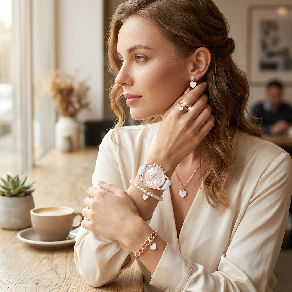 Woman wearing jewelry in a cozy indoor setting with a cup of coffee.