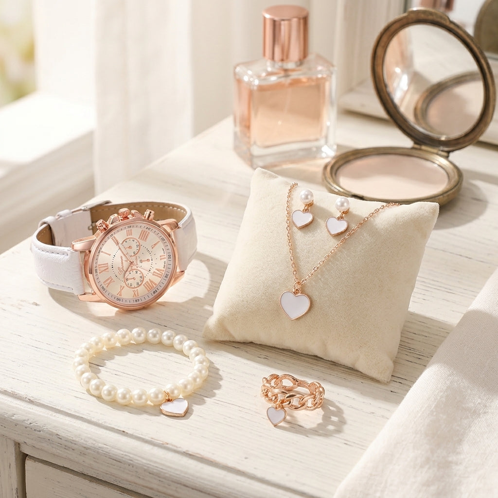Rose gold watch, bracelet, and necklace with heart charms on a wooden surface.
