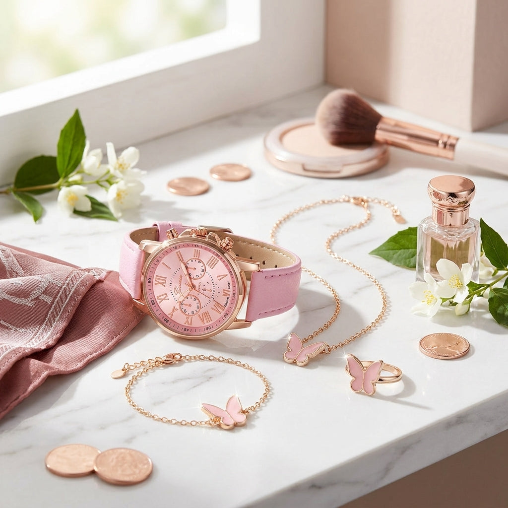 Pink watch, bracelet, and ring on a marble surface with flowers and makeup brush.