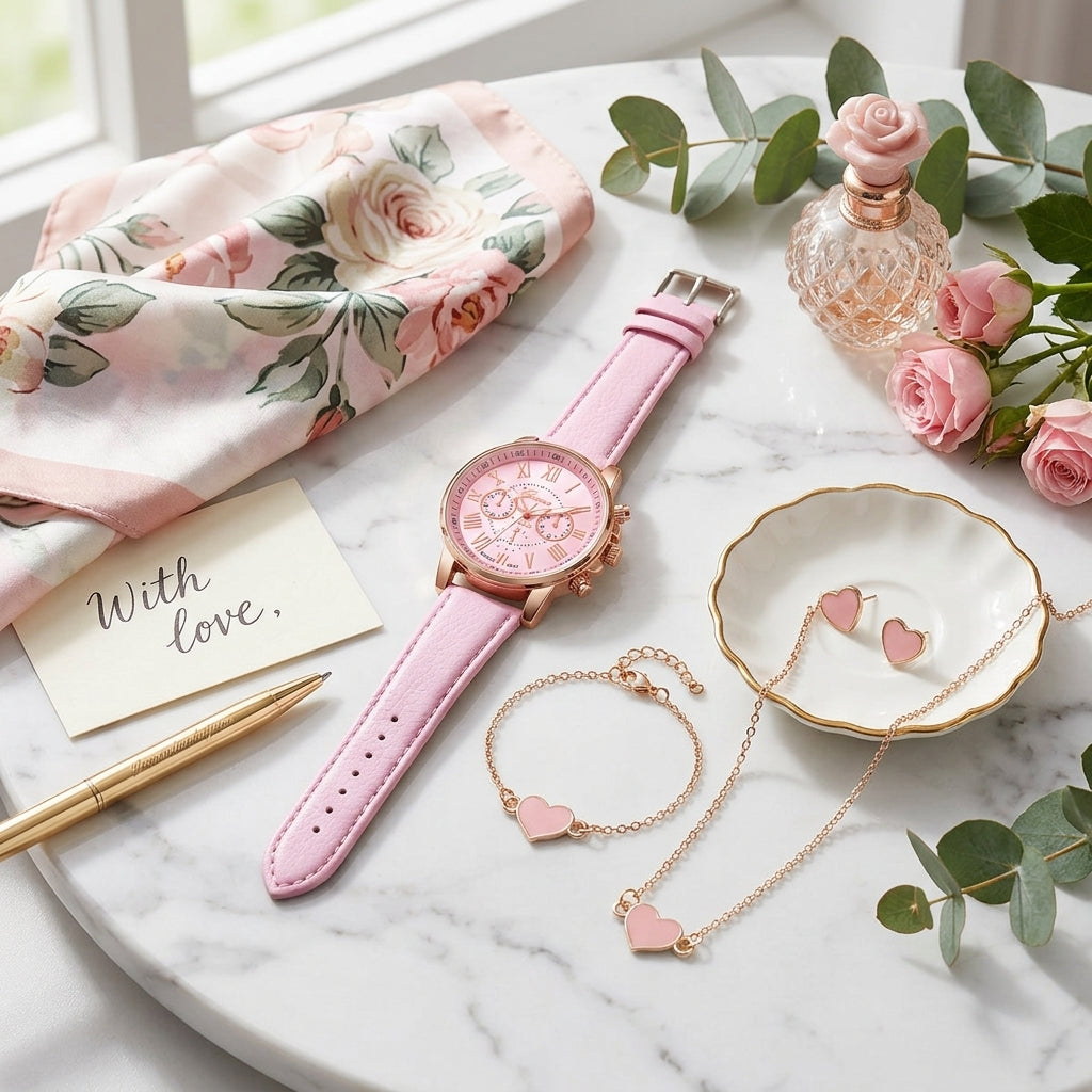 Pink watch, bracelet, and necklace on a marble surface with flowers and card.