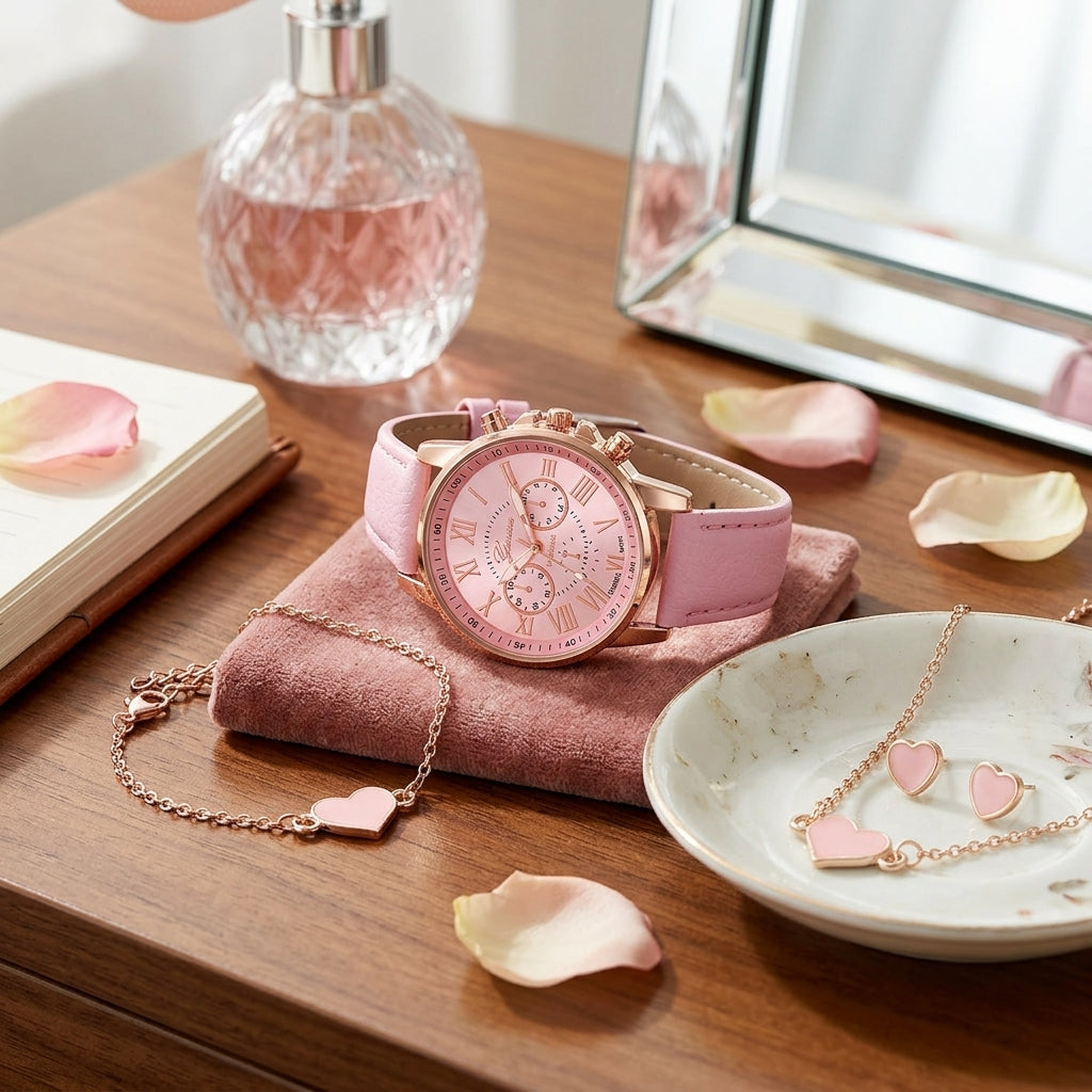 Pink watch and bracelet on a wooden surface with a mirror and book in the background