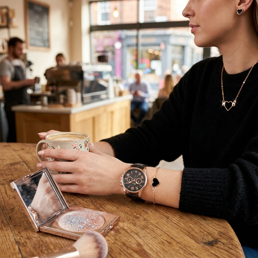 Woman sitting at a cafe holding a coffee mug with makeup items on the table.