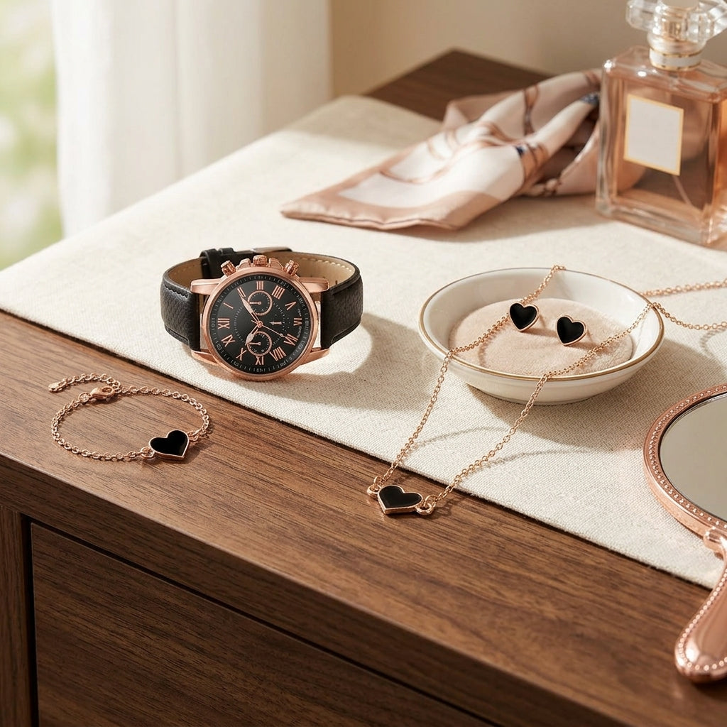 Rose gold watch, bracelet, and necklace on a wooden surface with a glass of water and folded fabric in the background.