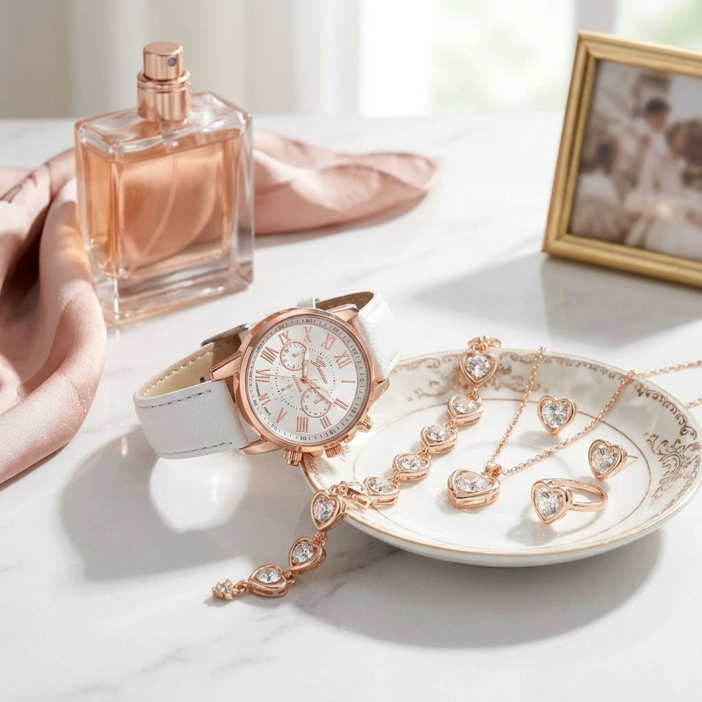 Rose gold watch and jewelry on a white surface with a perfume bottle and photo frame in the background.