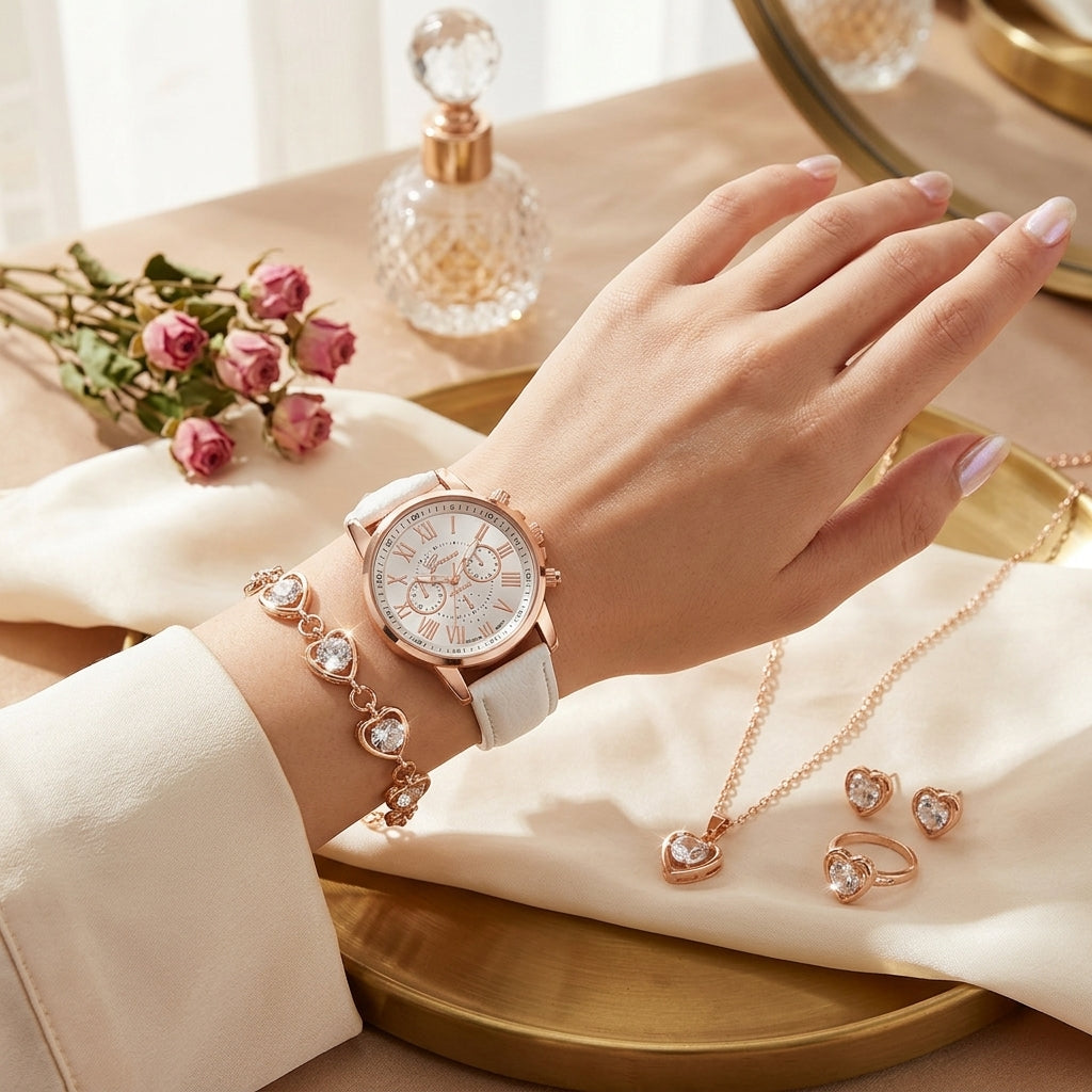 Hand wearing a rose gold watch with matching jewelry on a decorative surface with flowers and a mirror.