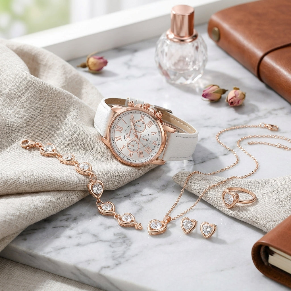 Rose gold watch and jewelry set on a marble surface with a notebook and flowers.