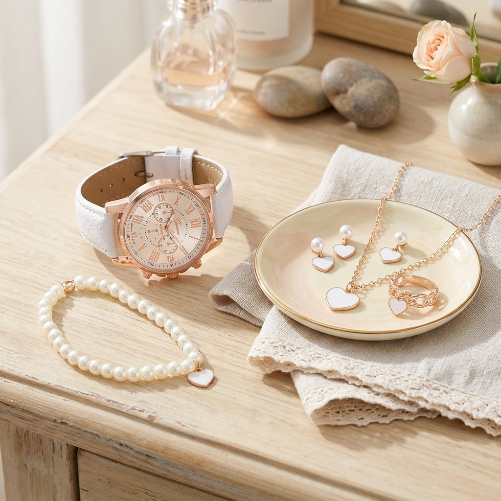 Jewelry including a watch, necklace, and rings on a wooden surface with a soft focus background.