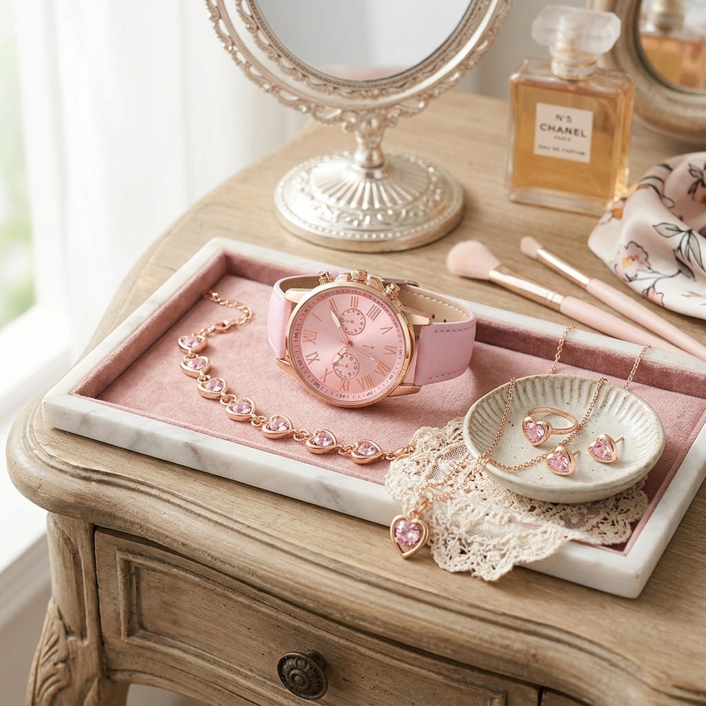 Pink watch and jewelry on a decorative tray with a mirror and perfume bottle in the background.