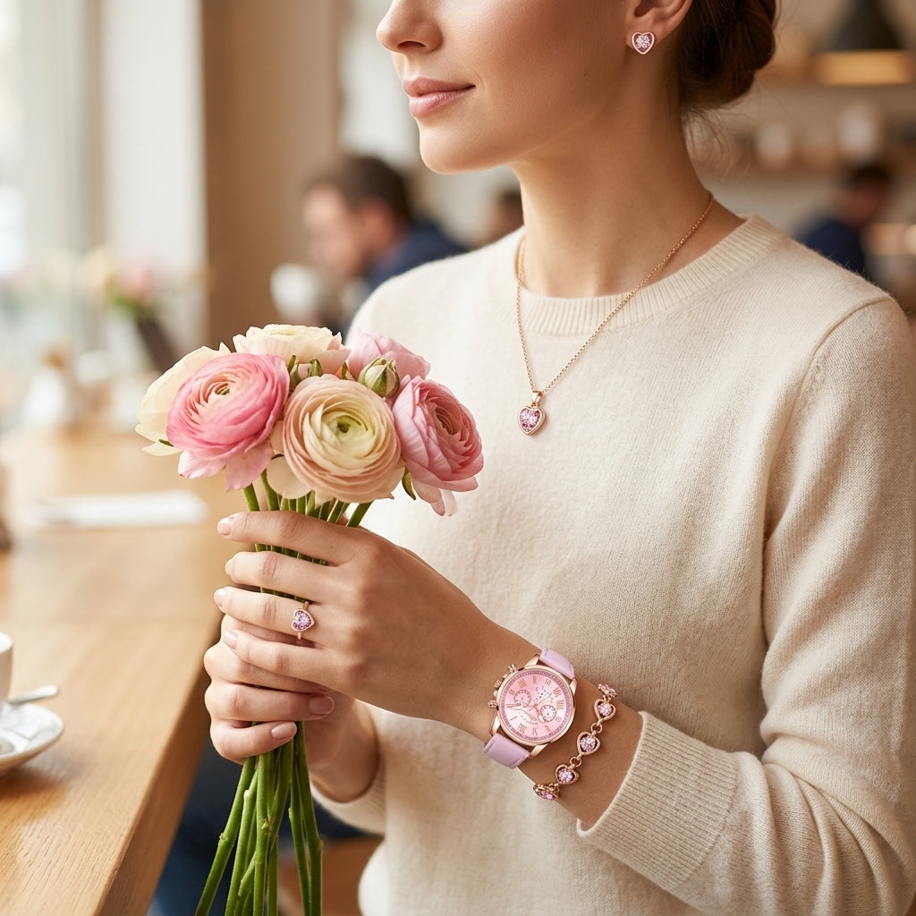 Woman holding a bouquet of flowers with a blurred indoor setting